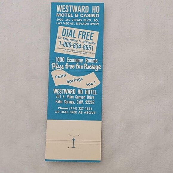 Westward Ho Motel & Casino Las Vegas NV Palm Springs FL Matchbook cover vintage - Picture 5 of 5